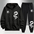 Chinese Dragon Print Tracksuit for Men Zipper Hooded Sweatshirt and Black Sweatpants Urban Causal Fashion Hoodies Outerwear Sets