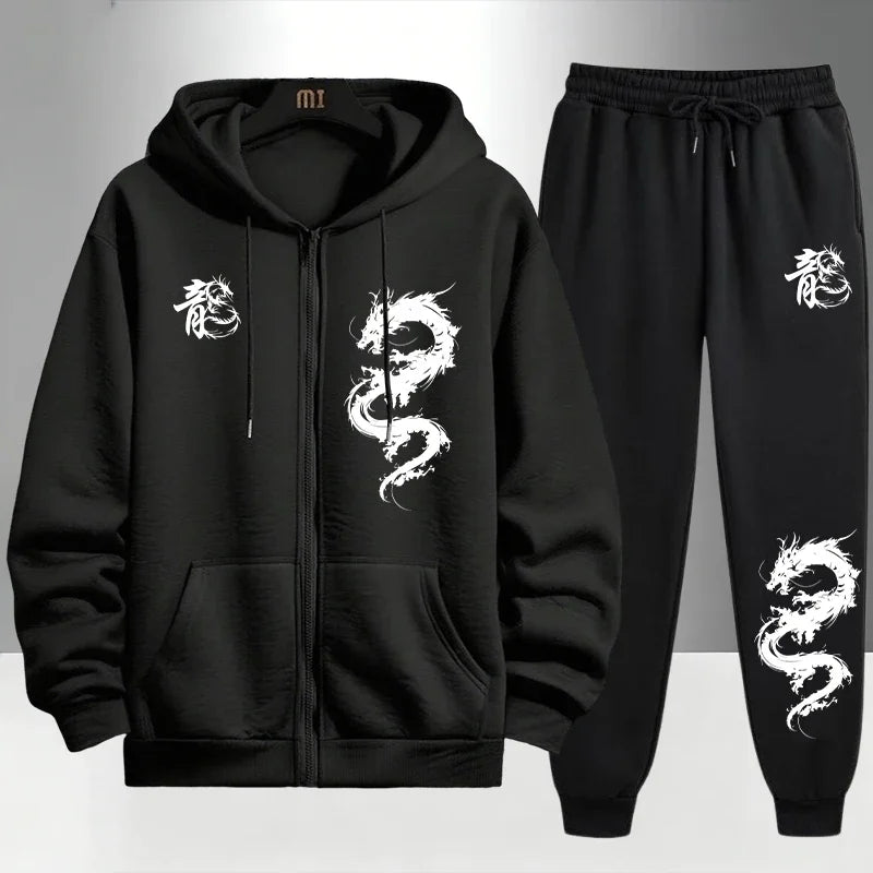 Chinese Dragon Print Tracksuit for Men Zipper Hooded Sweatshirt and Black Sweatpants Urban Causal Fashion Hoodies Outerwear Sets