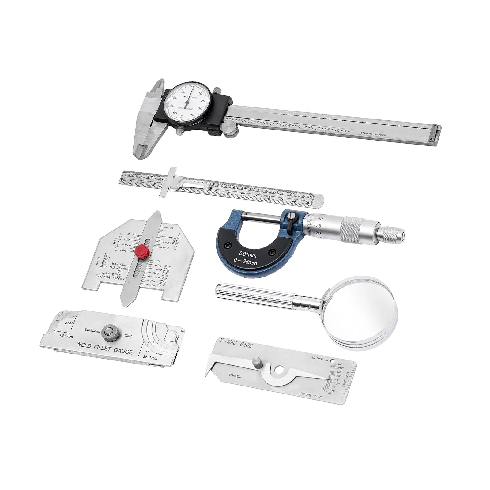 Weld Inspection Gauge Set 7-Piece, Stainless Steel Welding Inspection Tool Kit, Bevel Angle Height Width Measurement for Boiler Bridge