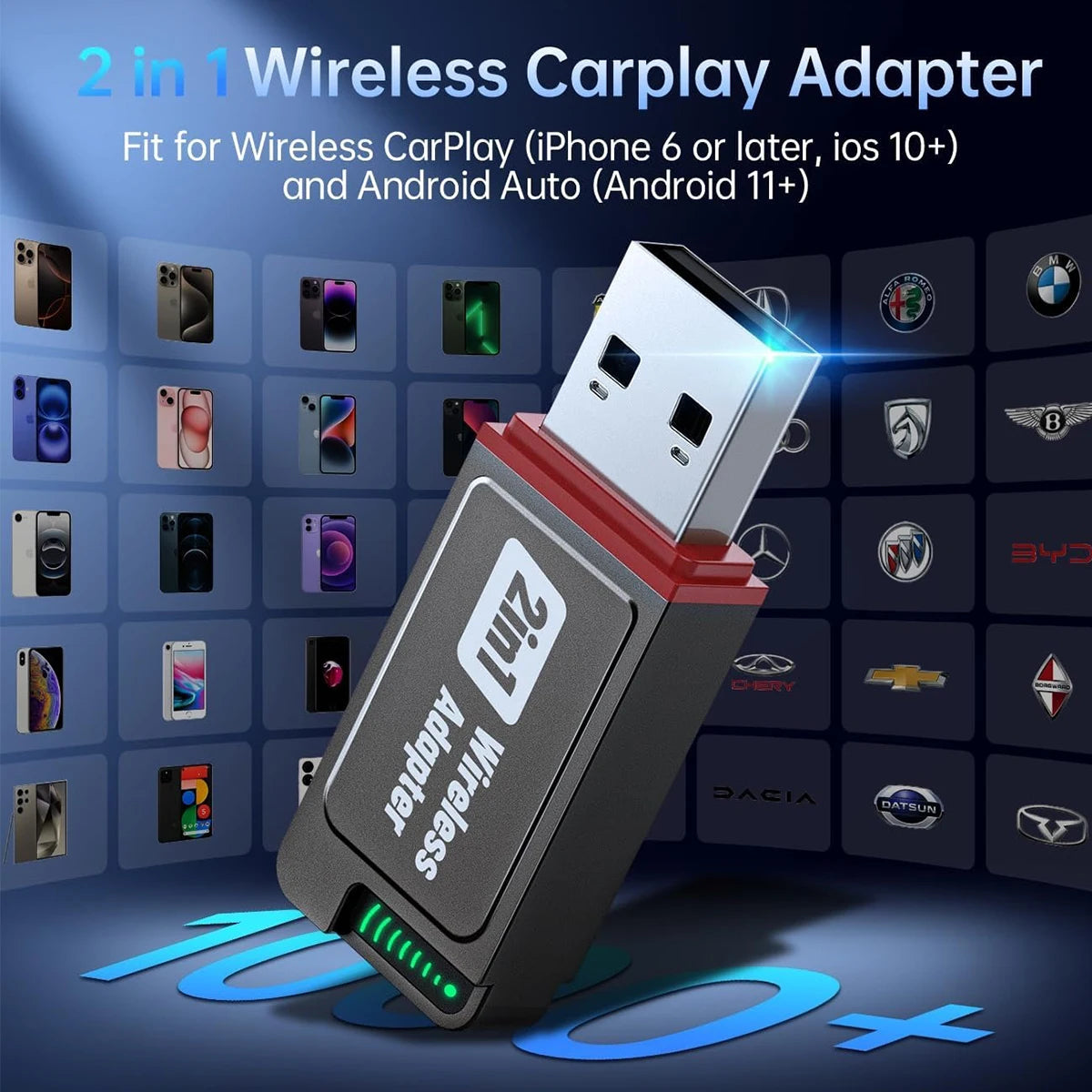 2-in-1 Wireless CarPlay Adapter for Apple CarPlay & Android Auto, Mini Bluetooth USB A & USB C Dongle Convert Wired to Wireless
