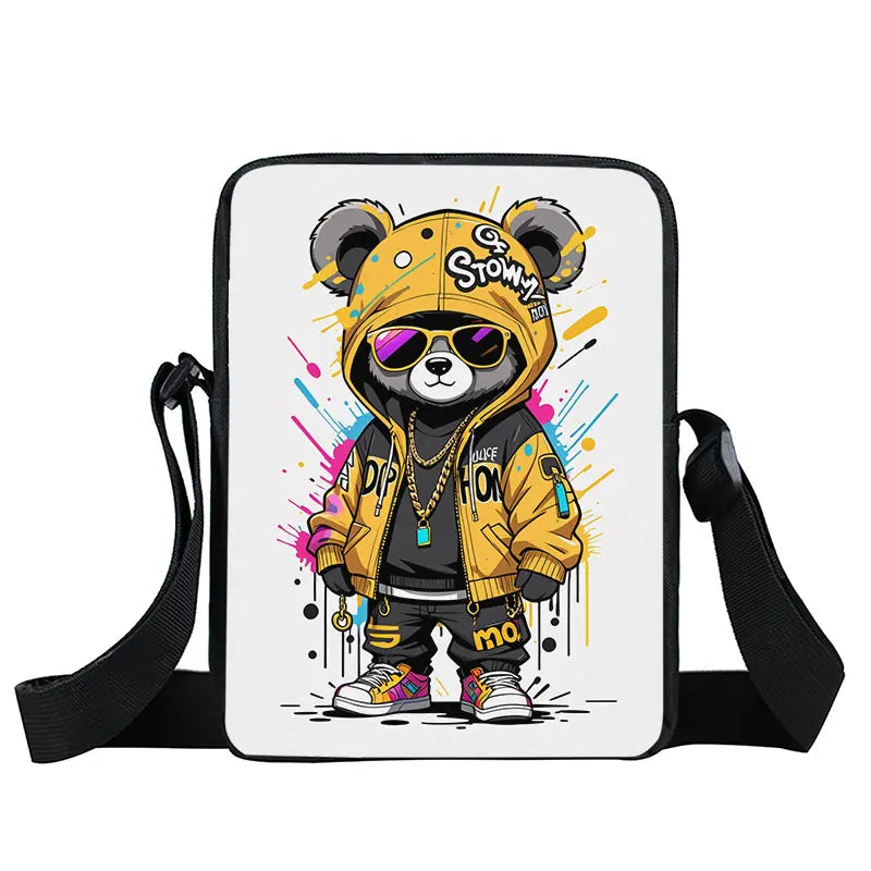 Cute Graffiti Bear Print Crossbody Bags Teenager Boy Girls Women Shoulder Bag Phone Keys Portable Card Storage Bags Gift