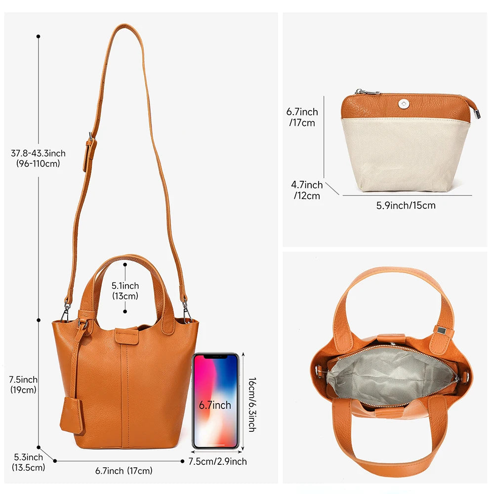 Ladies Full Grain Top Layer Cow Leather 2pcs Bag Set Small Tote Bucket Handbag Detachable Strap Crossbody Bag with Matching Clut