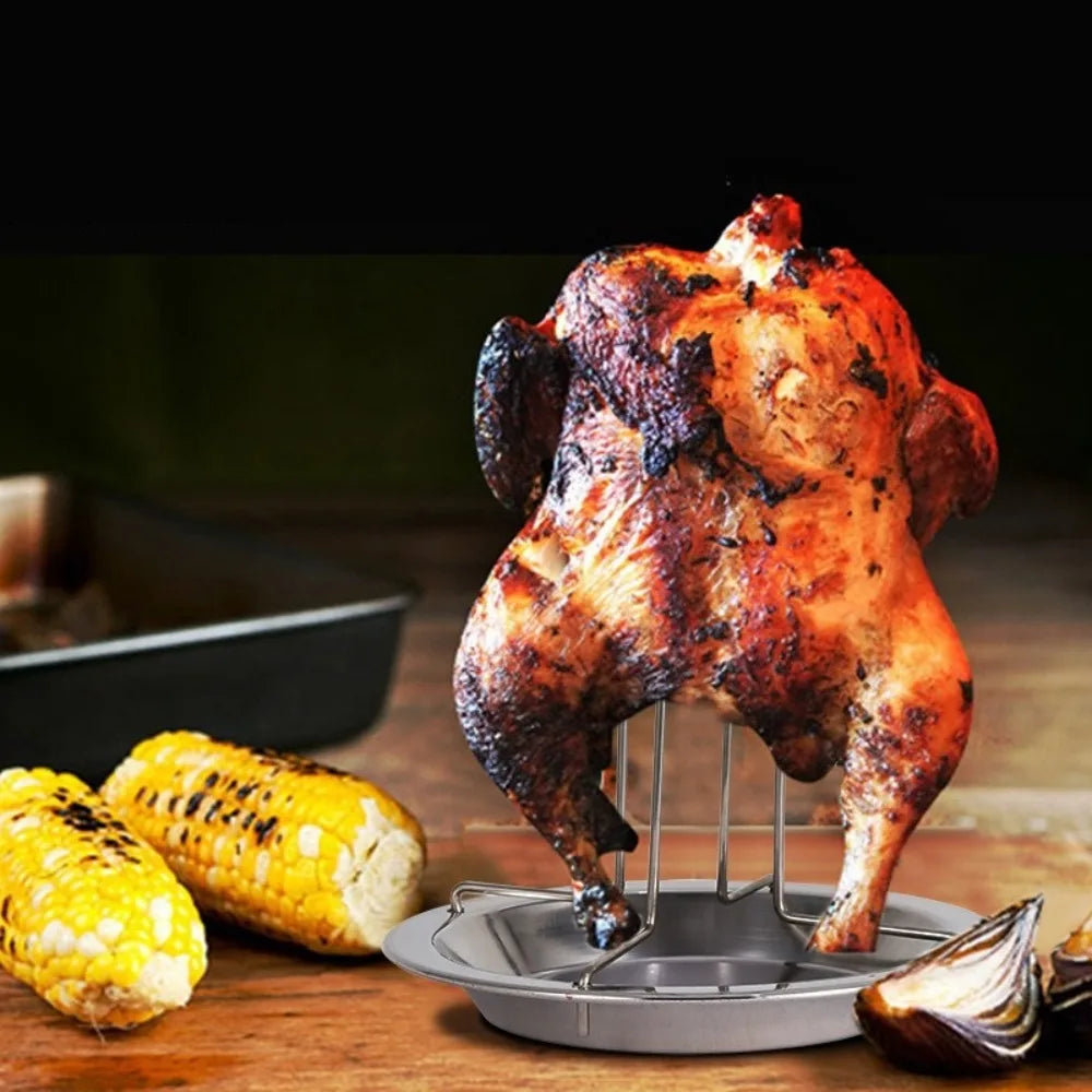 Roasting Grill Stand with Bowl Chicken Roaster Rack Kitchen Outdoor BBQ Tools Stainless Steel Non-stick Grilled Chicken Holder