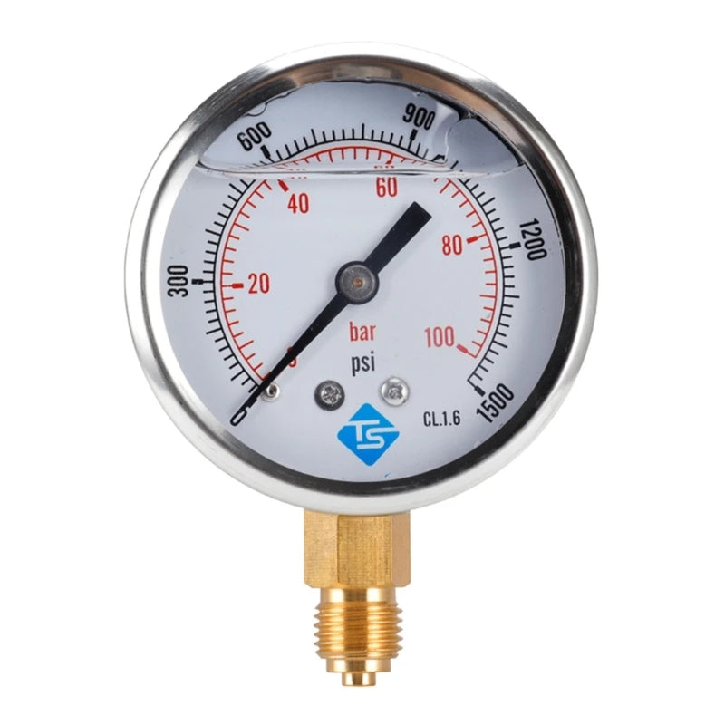 Glycerine Filled Vacuum Pressure Gauge 1/4'' BSP Bottom Connection 100 Bar 0-1500 PSI Water Air Oil Gas Gauge Dual Scale
