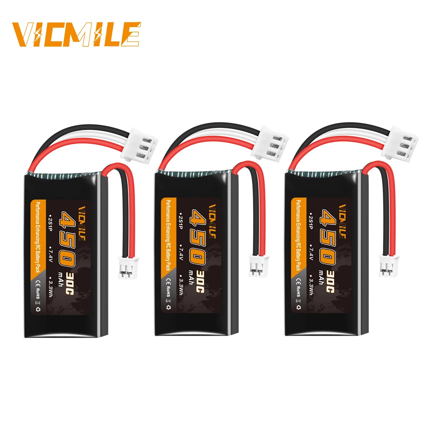 VICMILE SCX24 Battery 7.4V 450mAh Lipo Battery 2S 30C Rechargeable Lipos with PH2.0 Plug Fit for Most 1/10, 1/16, 1/18, 1/24 Sca
