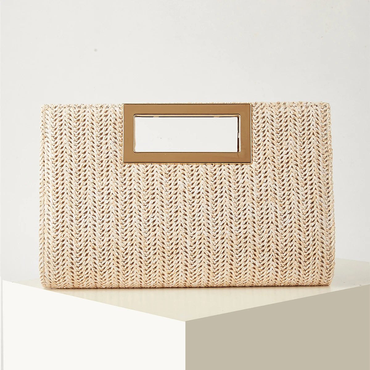 Women's Woven Handbag, Summer Beach Essential, Vacation Season, Solid Color, Straw Bag, Versatile Party Handbag, Detachable Shoulder Strap, Light Luxury Metal Handbag, Beach Wedding Handbag