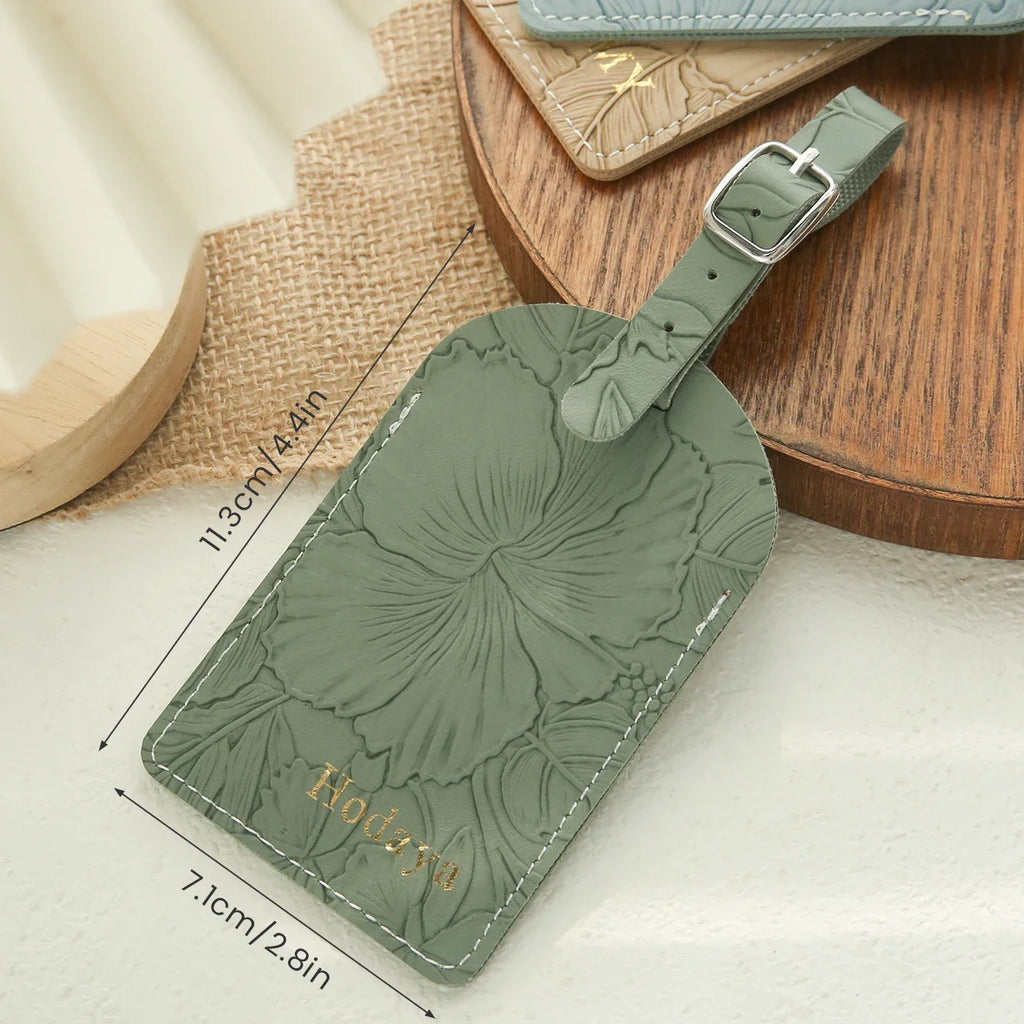 1PC Custom Name Luggage Tag for Suitcases with Carving Flower Patterns Personalized Vegan Leather Tag With Privacy Name Card