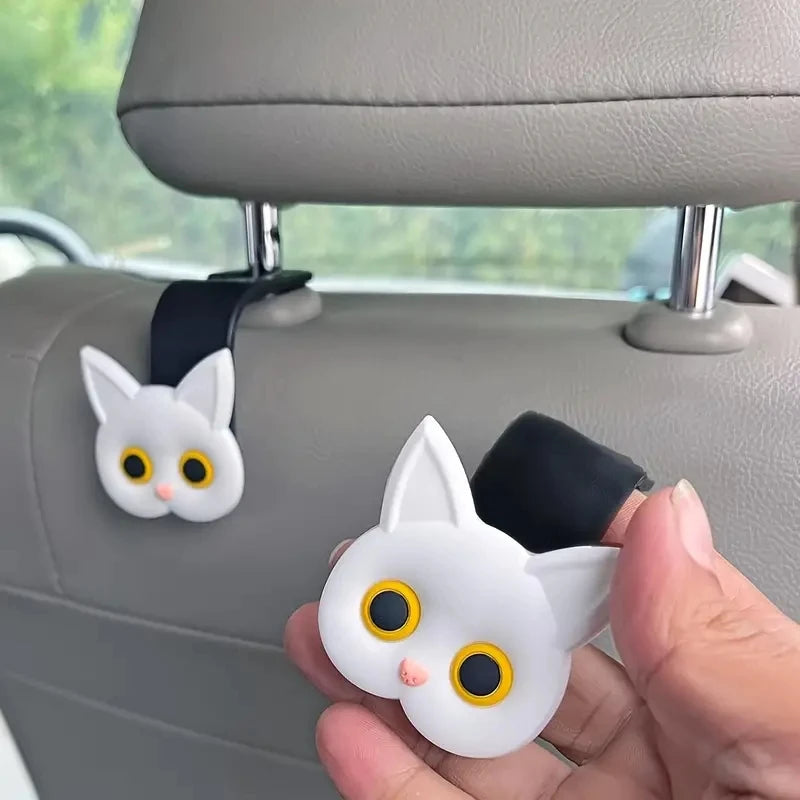 Creative 2pcs Adorable 3D Cartoon Cat Car Seat Headrest Hooks - Universal Vehicle Storage Organizer For Handbags Purses Coats
