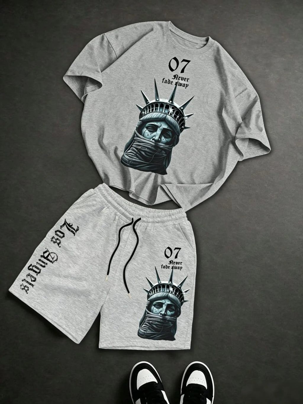 New men's summer retro Statue of Liberty print soft and breathable round neck T-shirt drawstring shorts set outdoor streetwear