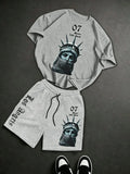 New men's summer retro Statue of Liberty print soft and breathable round neck T-shirt drawstring shorts set outdoor streetwear