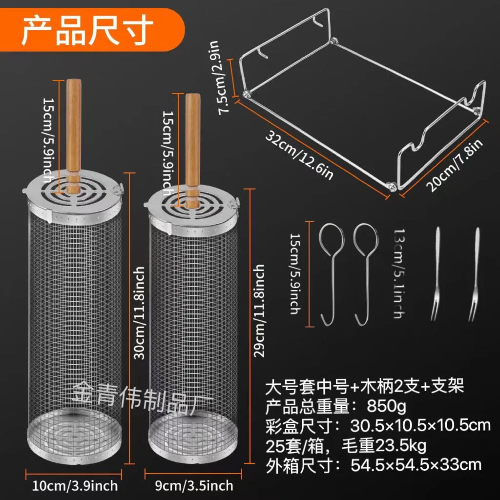 BBQ Rolling Grill Basket with Turn Handle Stainless Steel Reversible Outdoor Barbecue Camping Picnic Fish Grill Tool BBQ Grill