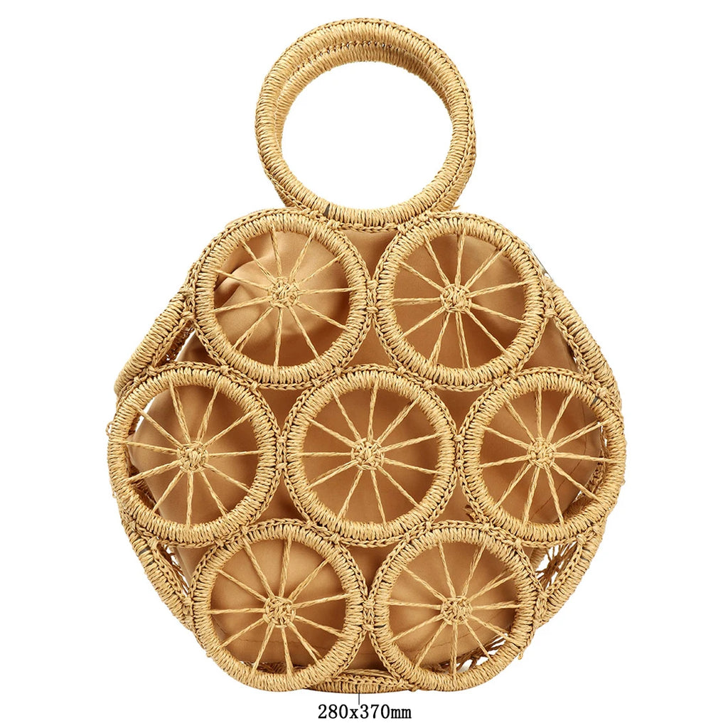 Round Straw Bag Rattan Woven Handbag For Women Large Capacity Shoulder Tote Purse Ladies Holiday Beach Wood Handle Shopping Bag