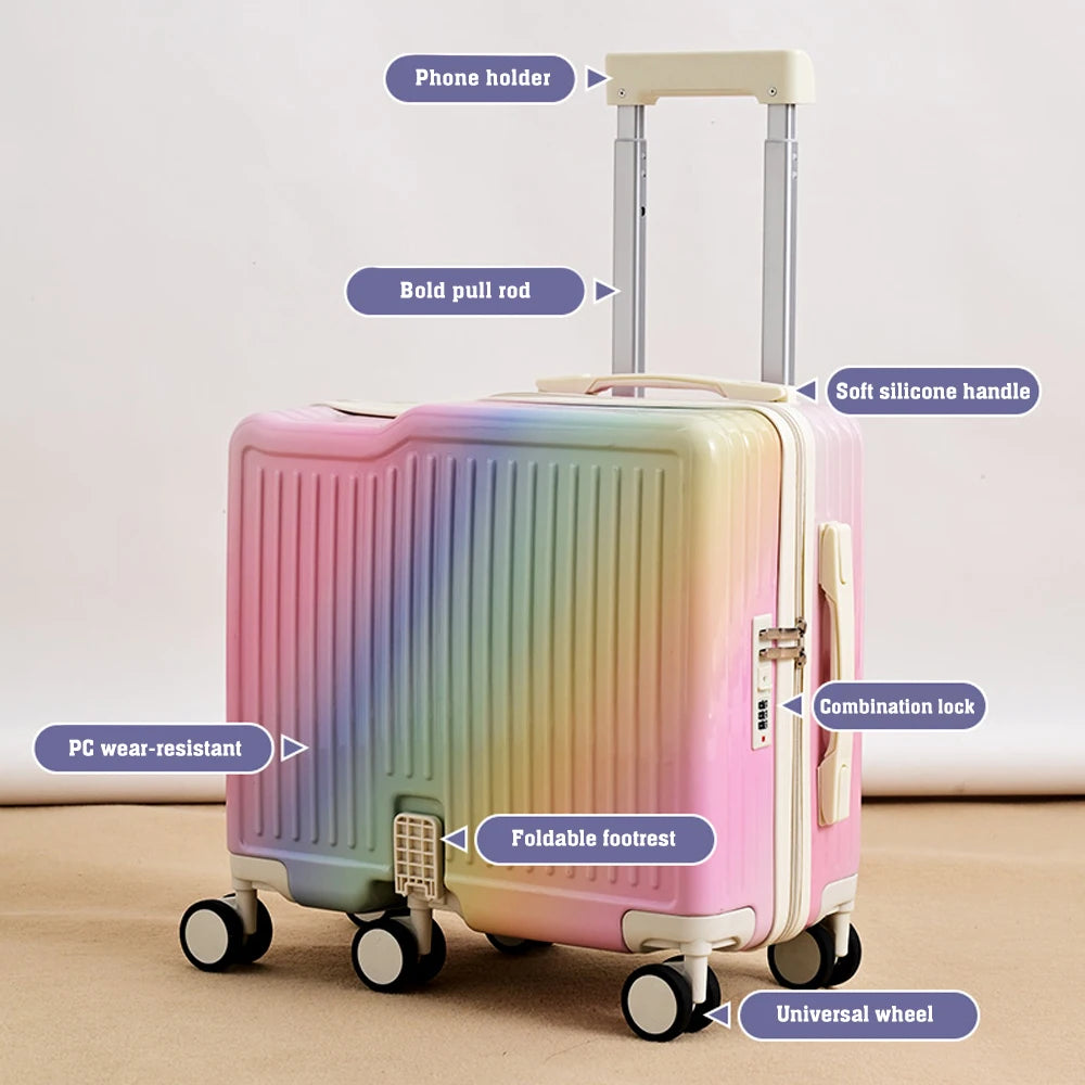 18"Hand Carry Luggage Portable Boarding Bagage 6 Wheels ZIPPER lock luggage Can Sit Down Kids Luggage