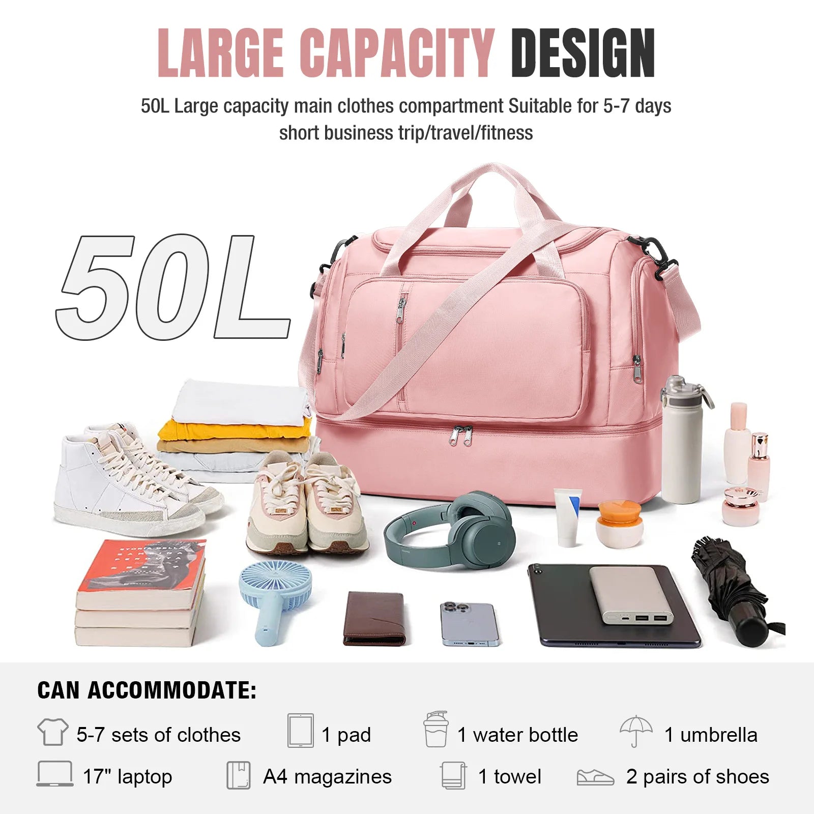 Travel Bag for  Women - Waterproof Large Capacity Multi-Pocket Hand Luggage Bag Gym Bag Weekender Travel Clothing Storage Bag