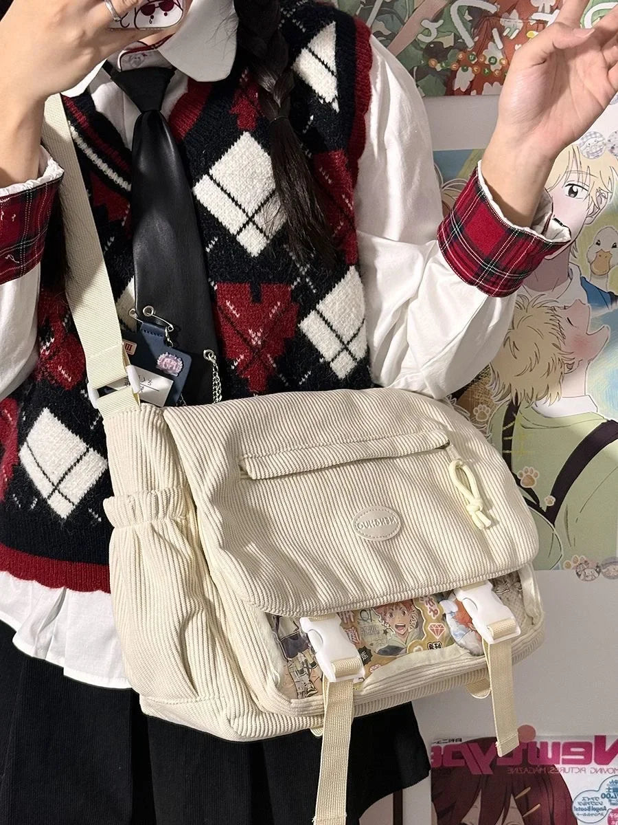 New Kawaii Itabag Winter Soft Corduroy Crossbody Bags Transparent Clear Bag Collage Student Shoulder Bag Messeger Book Bag Bolso
