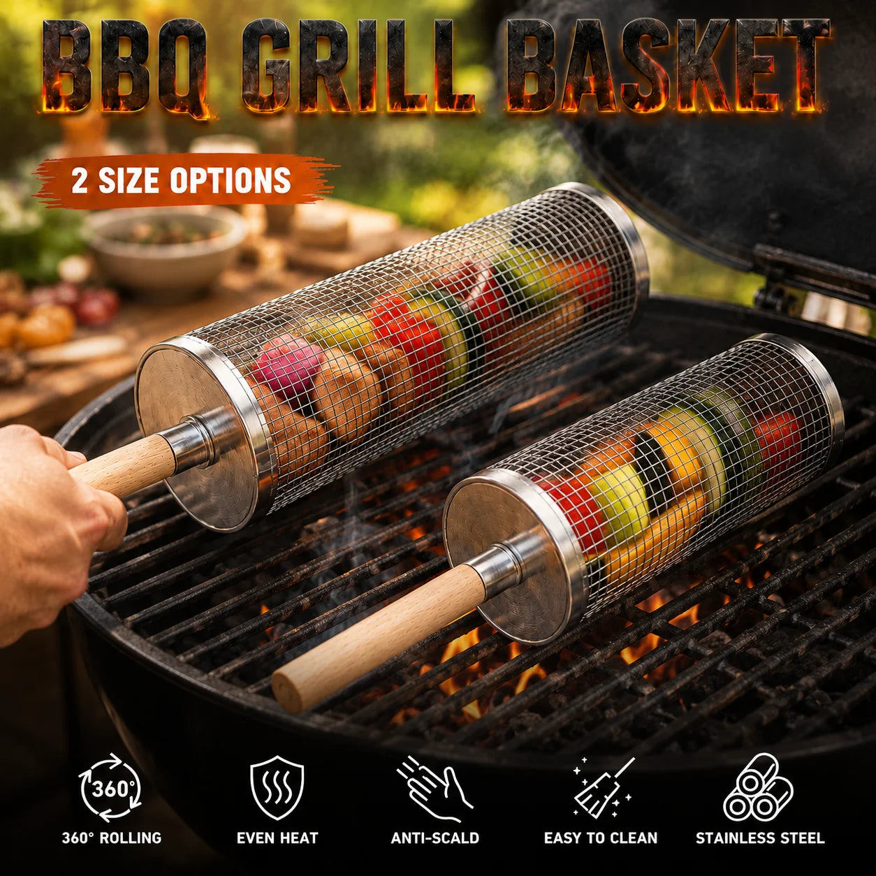 Uwhise Rolling BBQ Grill Basket Stainless Steel Cylinder Grill Tube For Outdoor Camping Veggie Meat Mesh Tools Detachable Handle