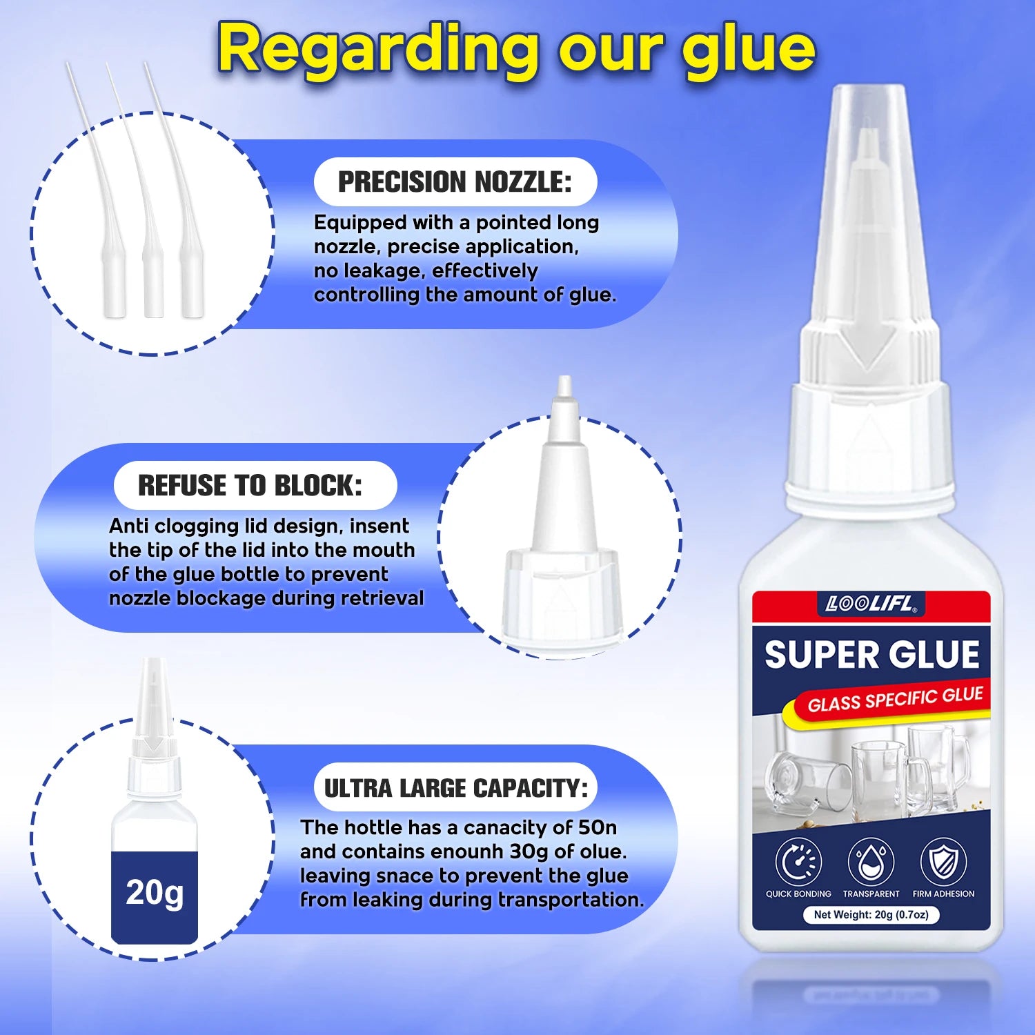 Super Glue for Glass Crystal Clear Cyanoacrylate Adhesive Fast Drying Strong Bond Waterproof for Glass Ceramic Metal Repair 20g