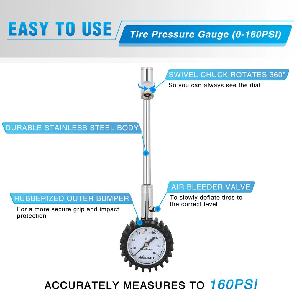 Nilight Tire Pressure Gauge 160PSI Heavy Duty Stainless Steel Dual Head Air Pressure Chucks ANSI B40.1 Certified Large 2" Dial Wheel Checker for Truck Semi Truck ATV Motorhome Cars & RV Accessories