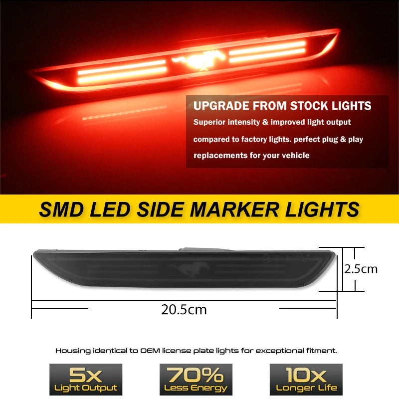 For Ford Mustang 2015-2022 Clear & Smoked Lens LED Side Marker Lamp Red Rear Side Fender Lights