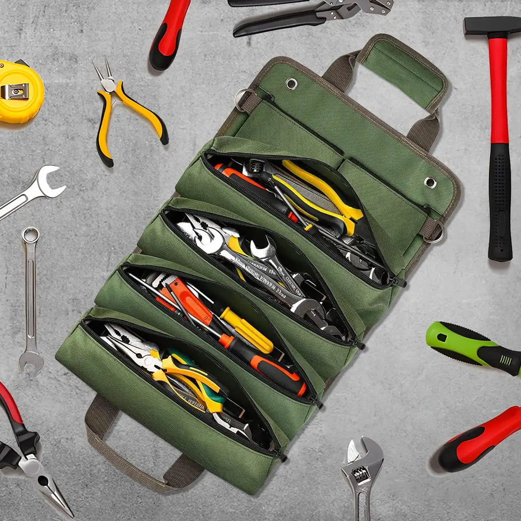Professional Tool Bag for Mechanics Electricians Carpenters Oxford Roll Up Organizer Garage Storage Portable Multiple Zipper