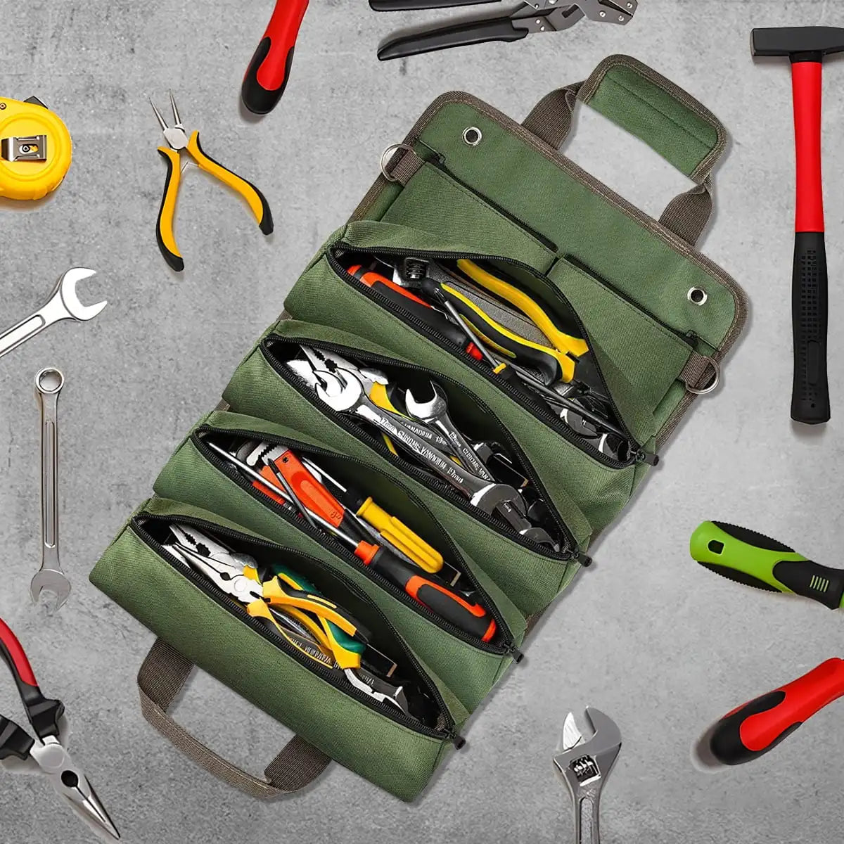 Professional Tool Bag for Mechanics Electricians Carpenters Oxford Roll Up Organizer Garage Storage Portable Multiple Zipper