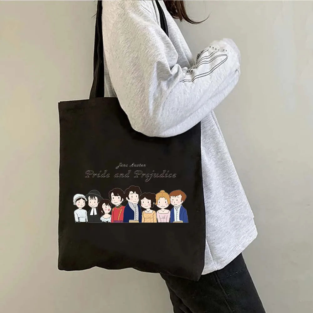 More Pride Less Prejudice Jane Austen Pride Prejudice Elizabeth Darcy Book Bennet Cartoon Shopper Canvas Tote Bag Cotton Handbag