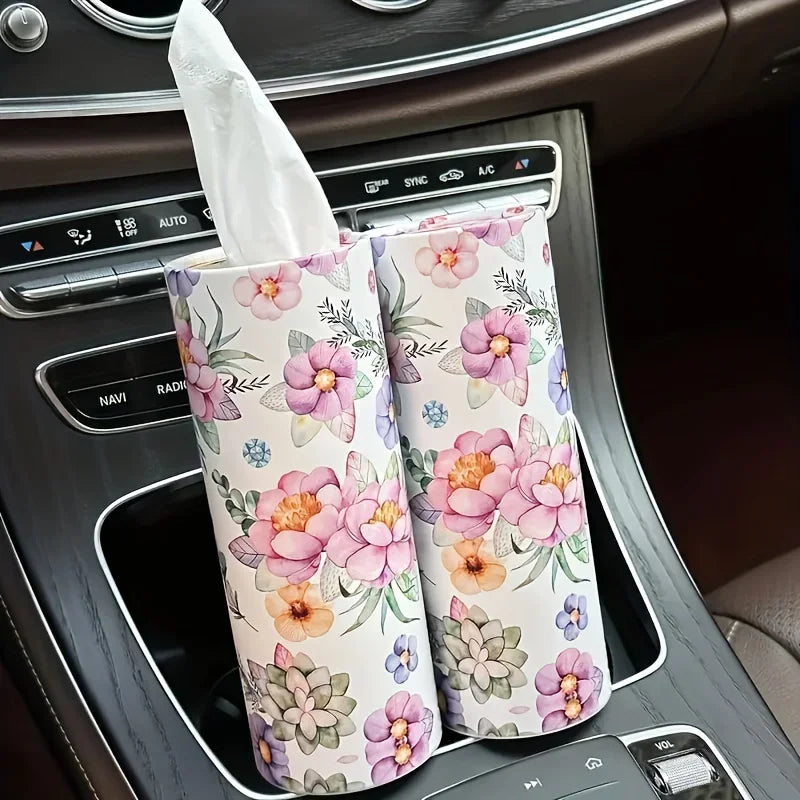 2pcs Flower Car Tissue Holder - Car Tissue Barrel Drawn Paper Printing Creative Hand Drawn Paper