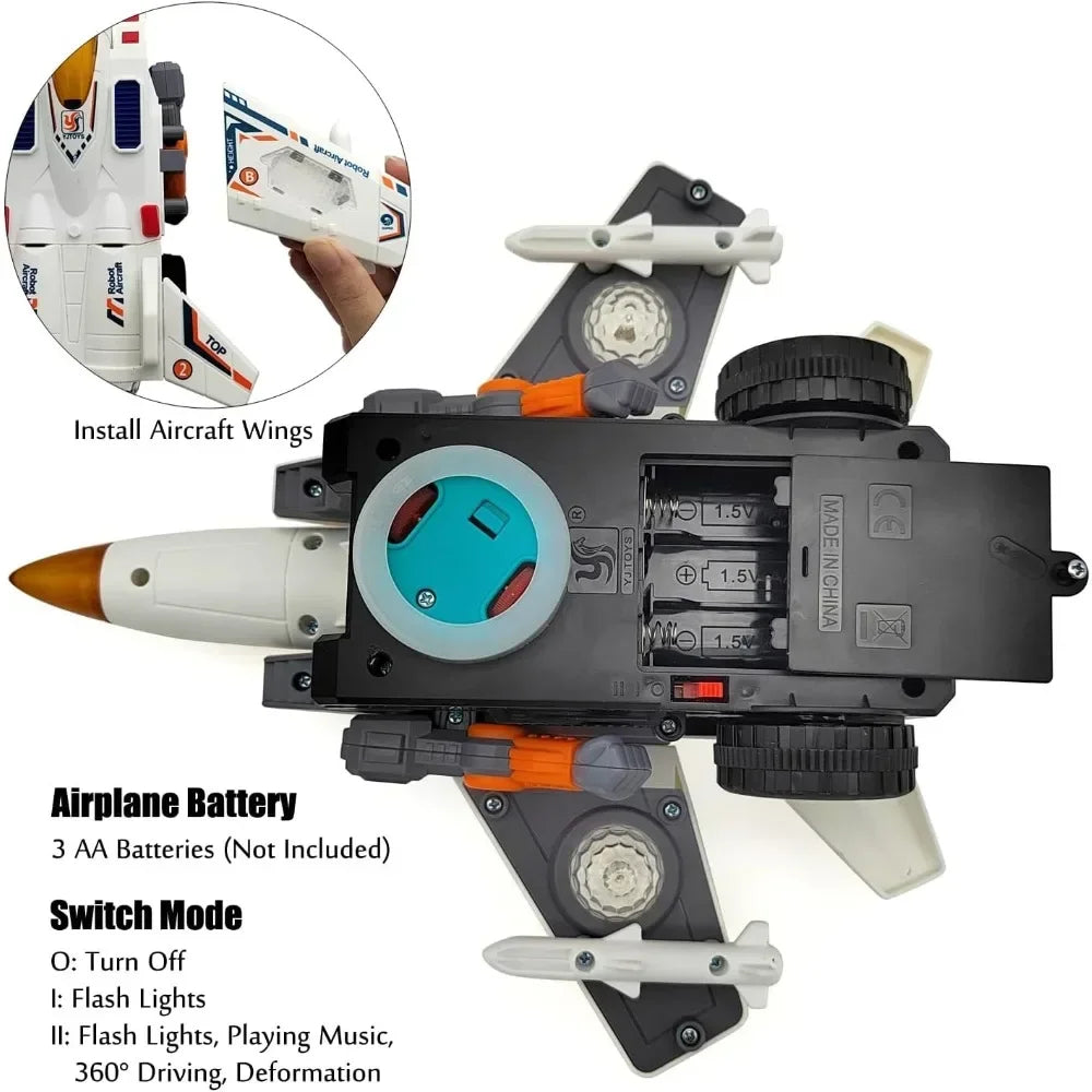 Deformation Airplane Toy Battery Operated Robot with Light & Sounds Bump and Go Action Fighter Birthday Gift for Boys Girls Kid