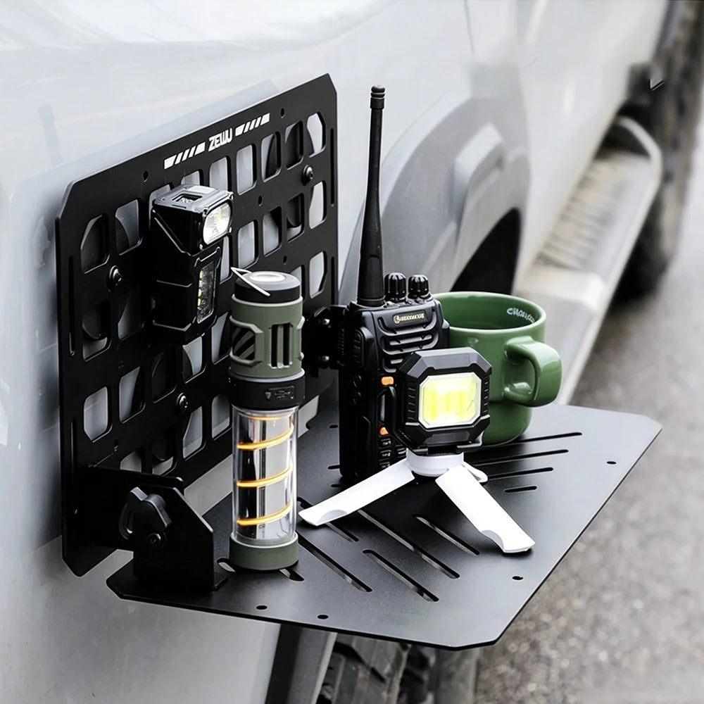 Heavy Duty Metal Foldable MOLLE Car Side Hanging Tray Off-Road SUV Camping Picnic Outdoor Travel Storage Serving Desk Gear Rack