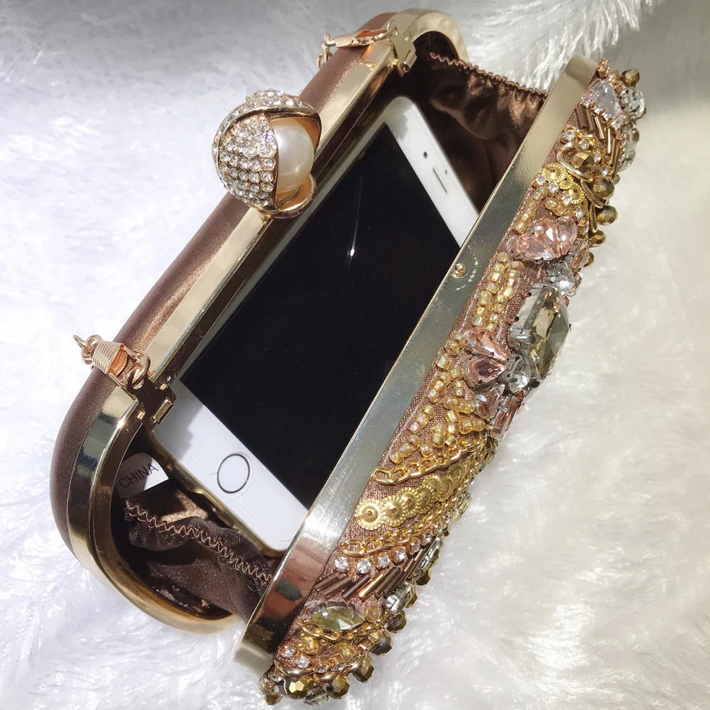 SHELKSBAG Women Stone Heavy Beaded Evening Bags Vintage Brown Suede Rhinestone Metal Formal Events Clutch Bag Luxury Party Purse