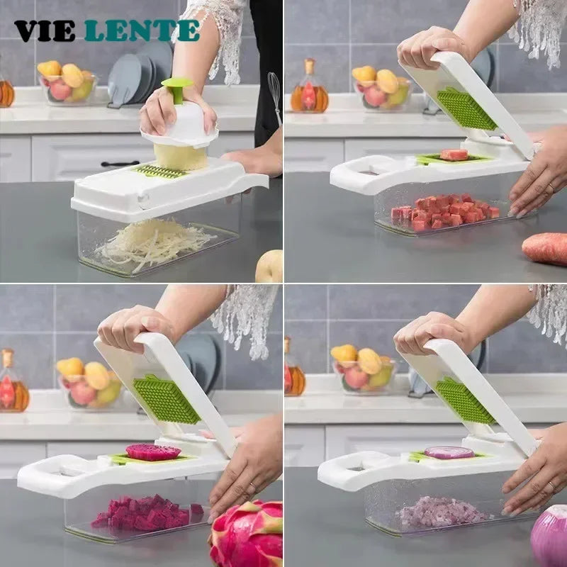 1Pc Green Black 14 in 1 Multifunctional Vegetable Slicer Cutter Shredders Slicer With Basket Fruit Potato Chopper Carrot Grater
