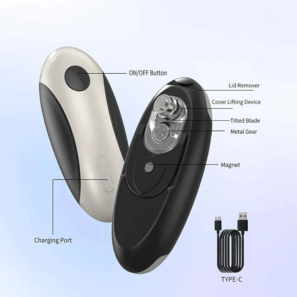 Cordless electric can opener, USB-C kitchen tool, with smooth cutting safety edge, stable grip handle, one-button automatic
