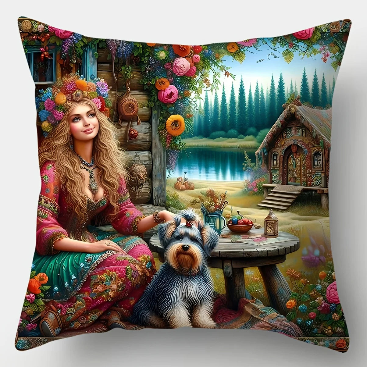 4-piece printed cushion cover set, featuring a floral maiden design with dogs and log cabins, suitable for living room sofa