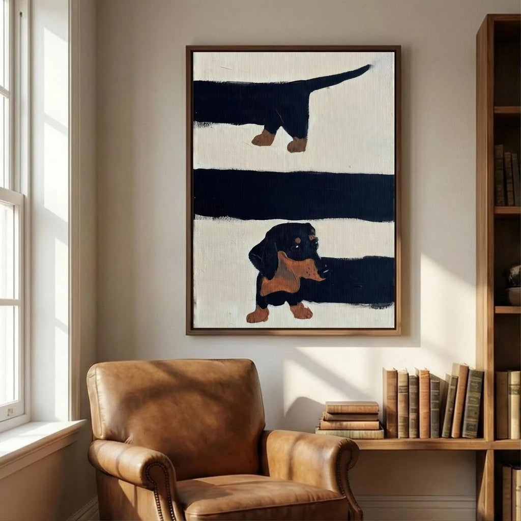 Playful Mid-Century Dog Wall Art - Textured Impasto Print of Curious Dachshunds, Blending Clean Geometric Lines with Warm Earth