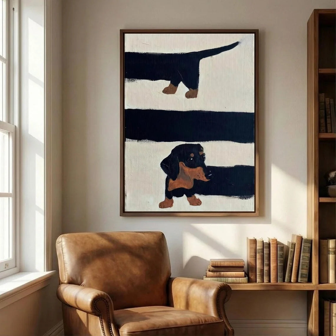 Playful Mid-Century Dog Wall Art - Textured Impasto Print of Curious Dachshunds, Blending Clean Geometric Lines with Warm Earth