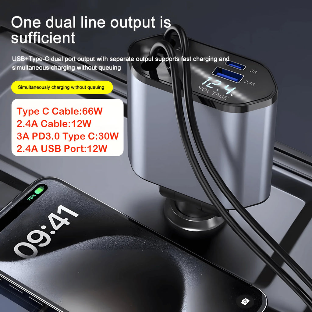 120W Retractable Car Charger 4 in 1 USB C Lightning Fast Charging Adapter for iPhone Samsung Car Accessories