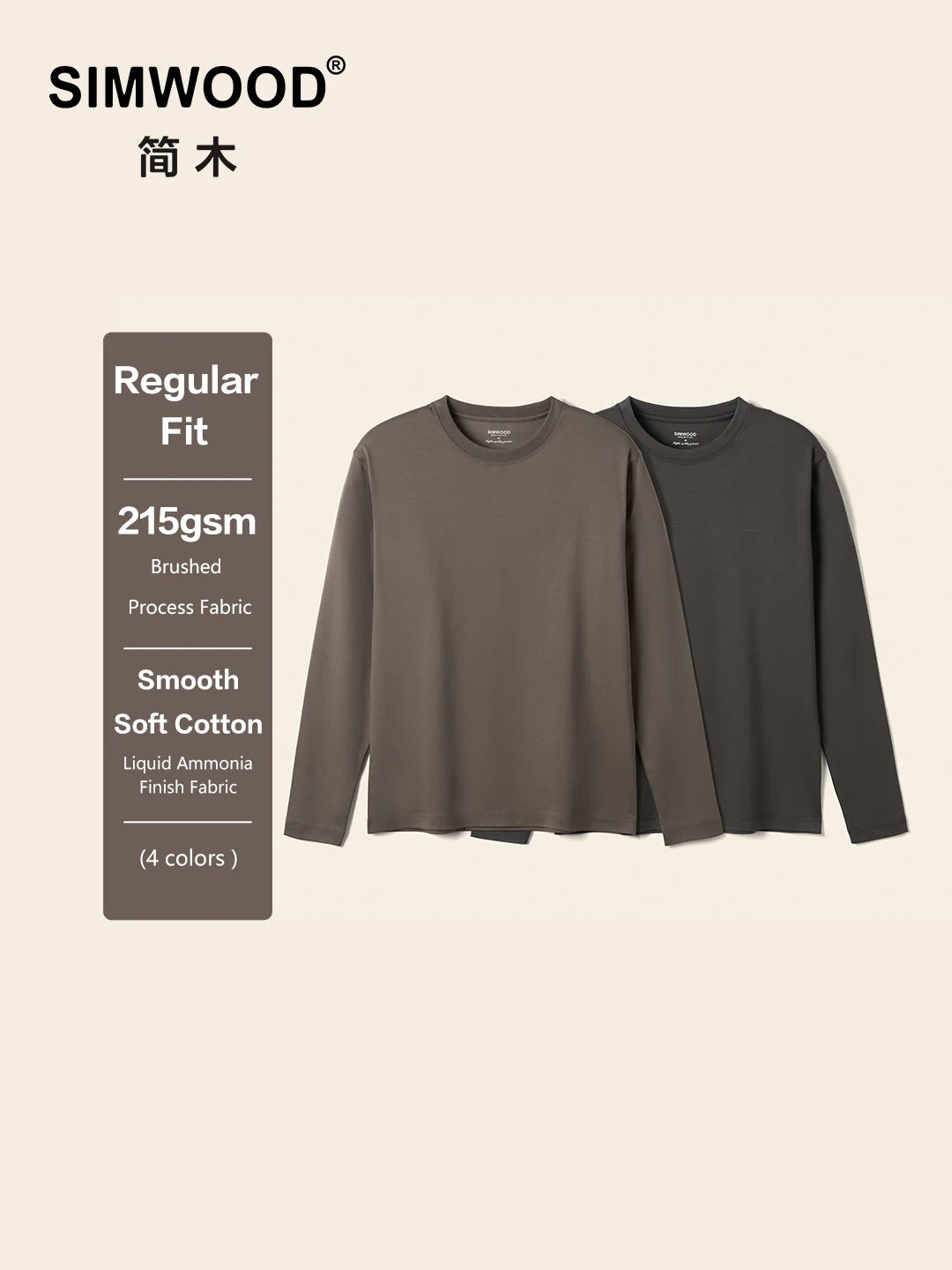 SIMWOOD 2026 Spring New Regular Fit 215gsm Smooth Liquid Ammonia Finish Fabric Long Sleeve T-shirts Men Skin-Friendly Tops