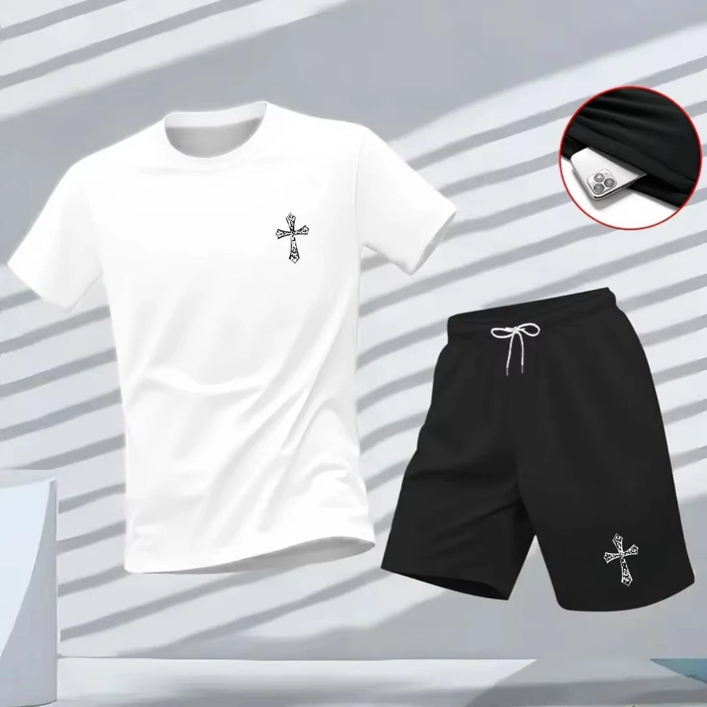 New high-quality men's summer T-shirt, Harajuku summer hip-hop men's fitness and sports round-neck top and shorts set, fashionab