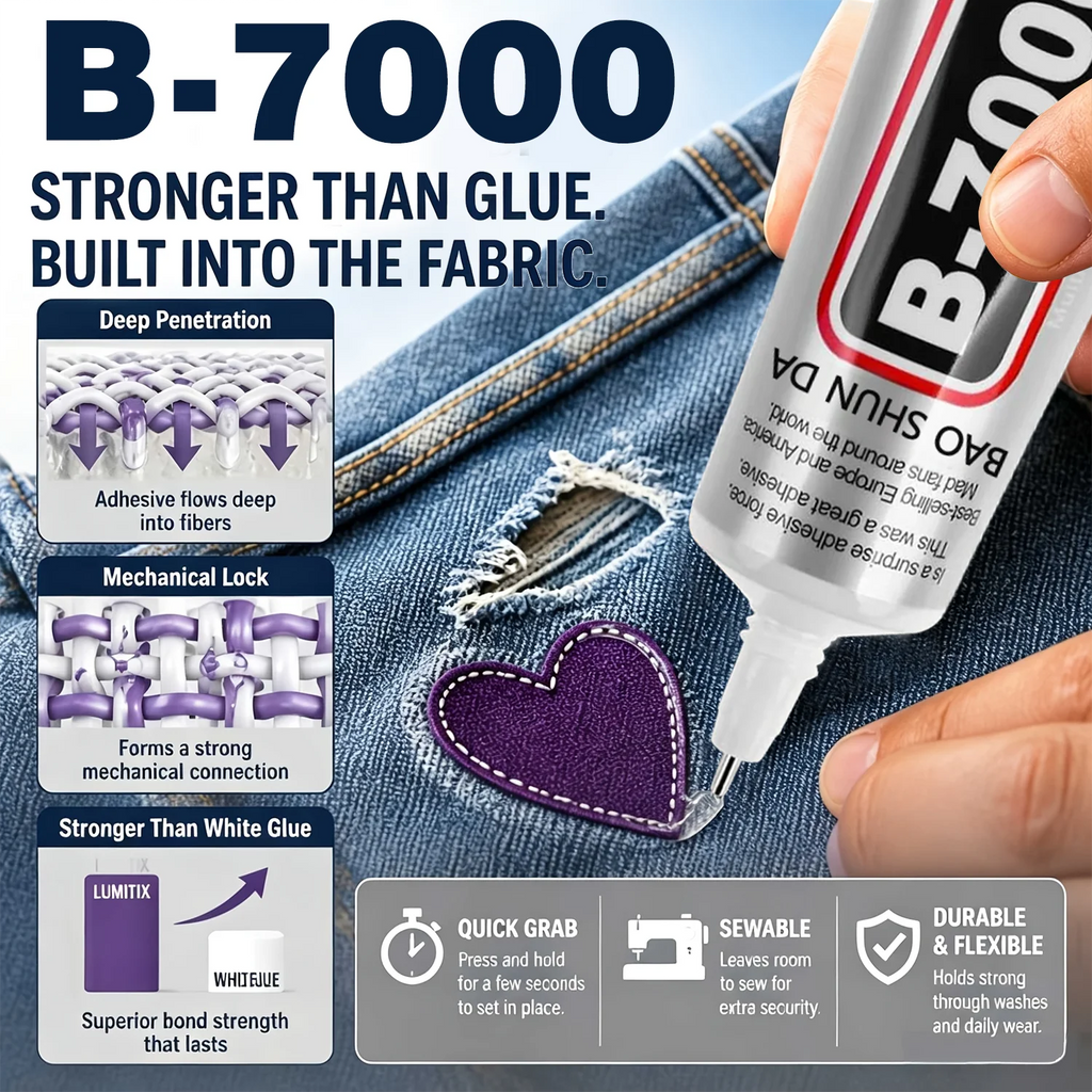 B-7000 Fabric Glue Permanent and Washable Adhesive, No-Sew Fabric Glue for Clothing, Denim, Polyester, Cotton, Flannel Materials