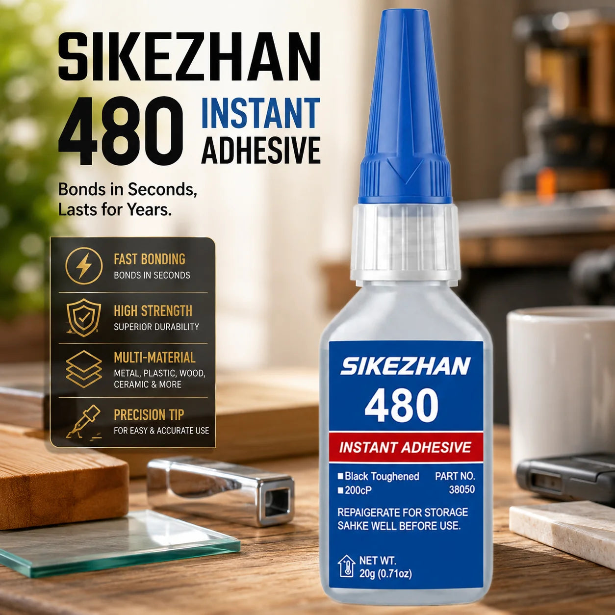 SIKEZHAN 480 Black Super Glue Instant Adhesive Heavy Duty Waterproof Rubber Tire Repair Glue for Metal Plastic Wood Ceramic 20g