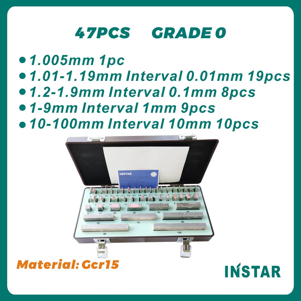 INSTAR Gage Block Set 38PC 47PC Grade 0 High Accuracy 0.00045mm Hardened Steel Gcr15 Industrial Quality 1.005-10-30-50-100mm