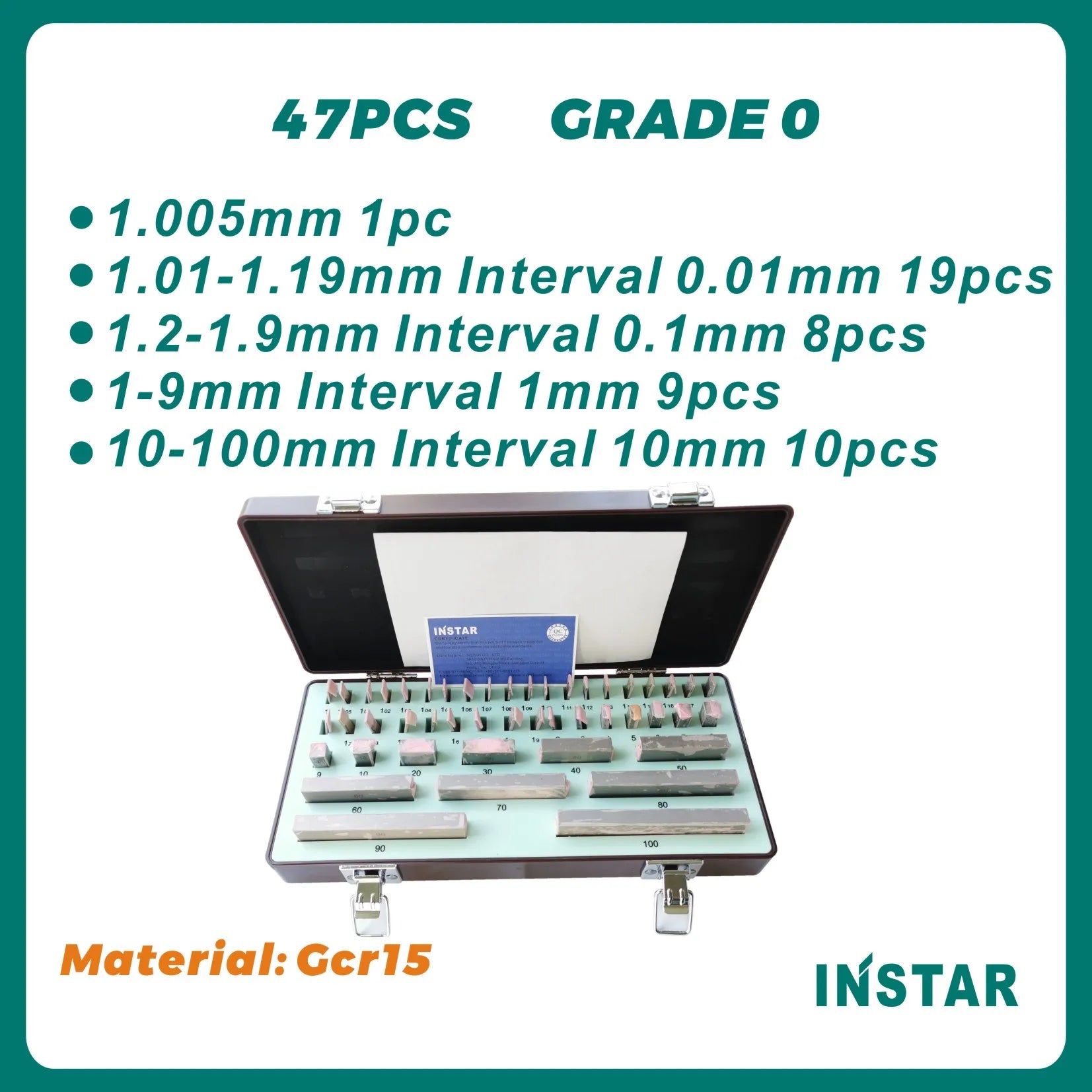 INSTAR Gage Block Set 38PC 47PC Grade 0 High Accuracy 0.00045mm Hardened Steel Gcr15 Industrial Quality 1.005-10-30-50-100mm