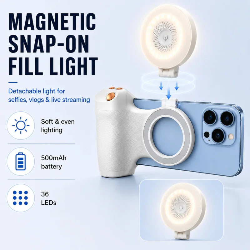 KM06 Magnetic Phone Camera Grip Stabilizer, Bluetooth Remote Shutter with Zoom Control, Anti-Shake Handheld Smartphone Photograp