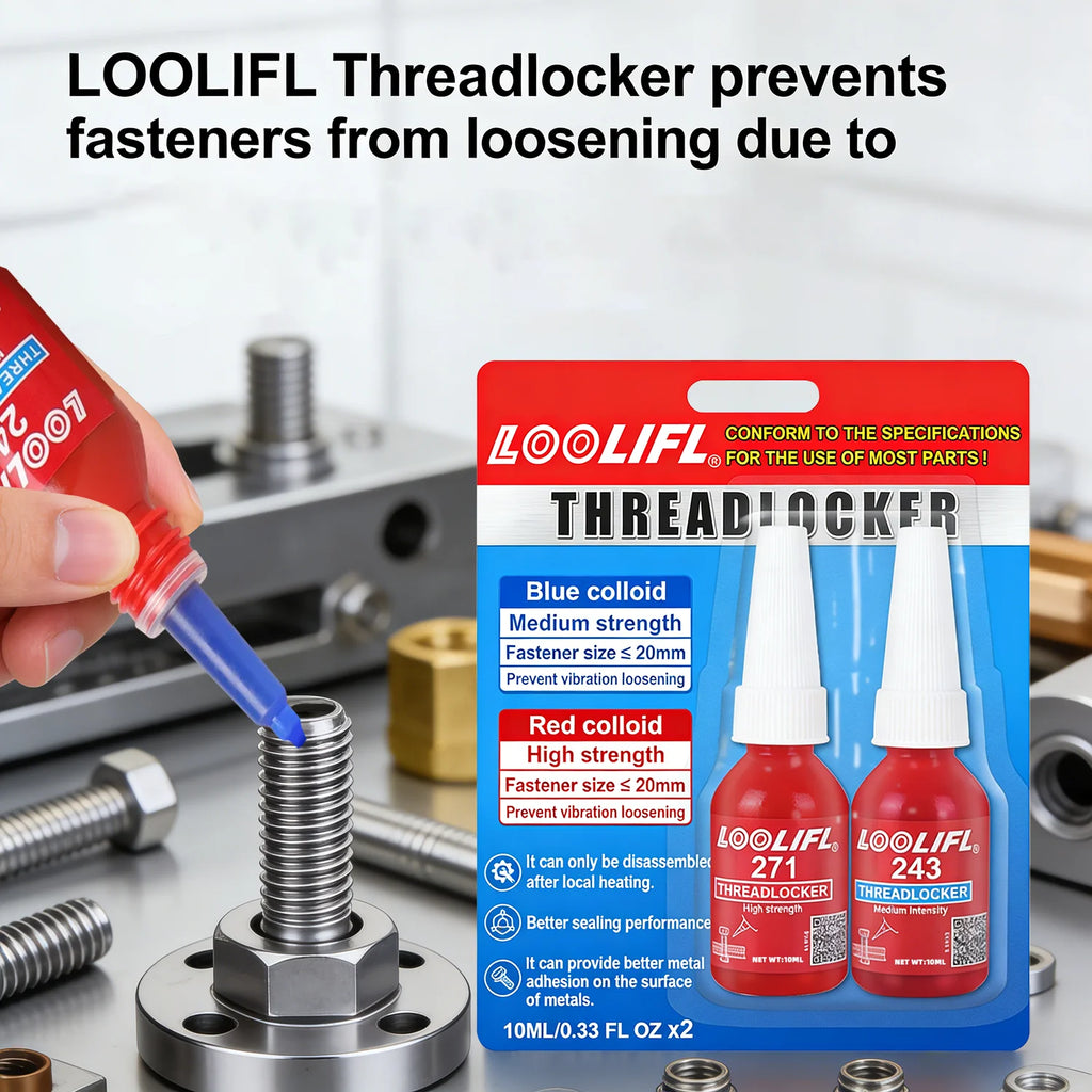 LOOLIFL 243 Medium 271 High Strength 10ml*2, Blue Red Thread Locking Adhesive for Metal Bolts Vibration Resistant Thread Sealant