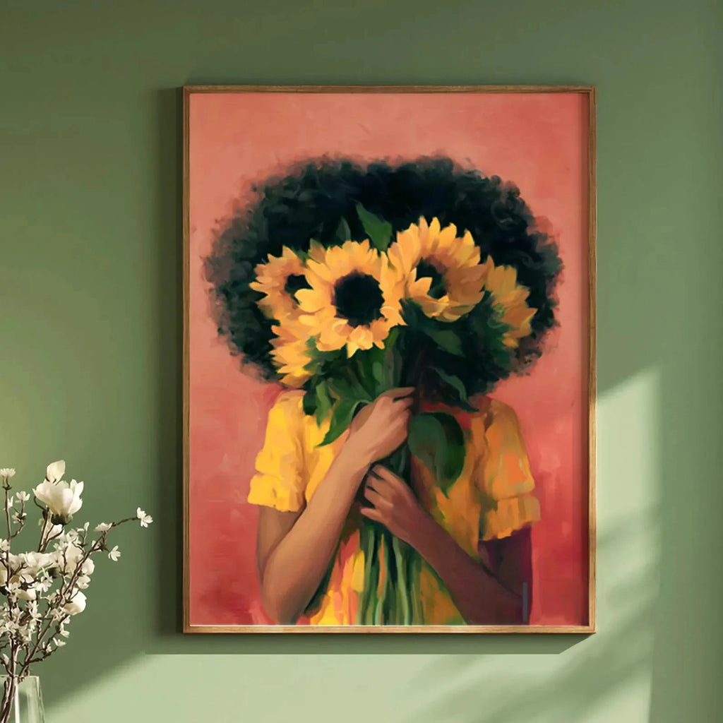 Green Abstract Figures Canvas Print with Flower Woman Minimalist Japandi Female Portrait Art Poster for Modern Living Room Decor