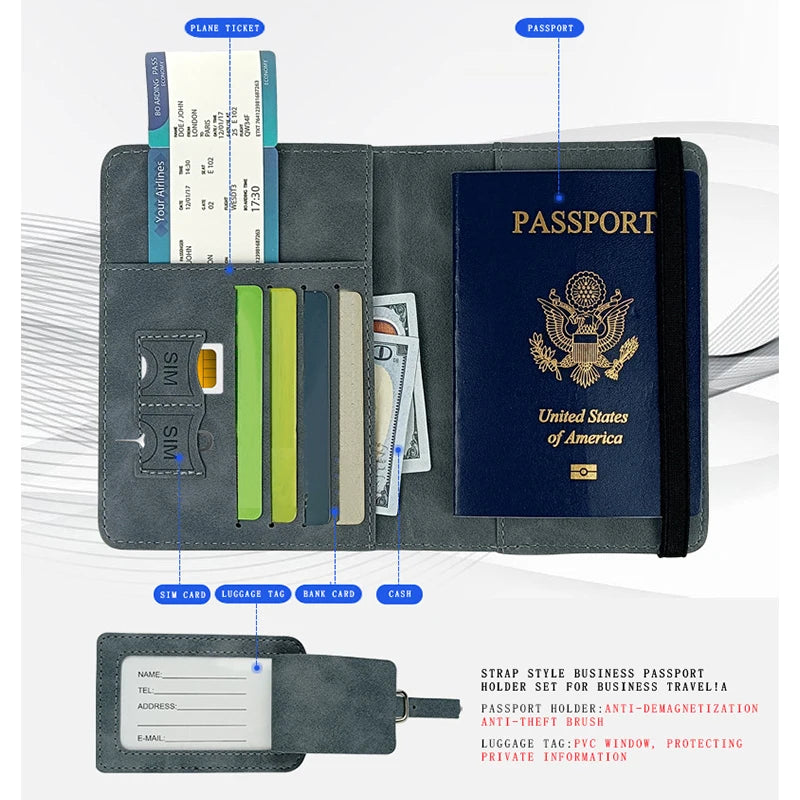 Travel Essentials: RFID-Blocking Passport Holder + Leather Luggage Tag Set