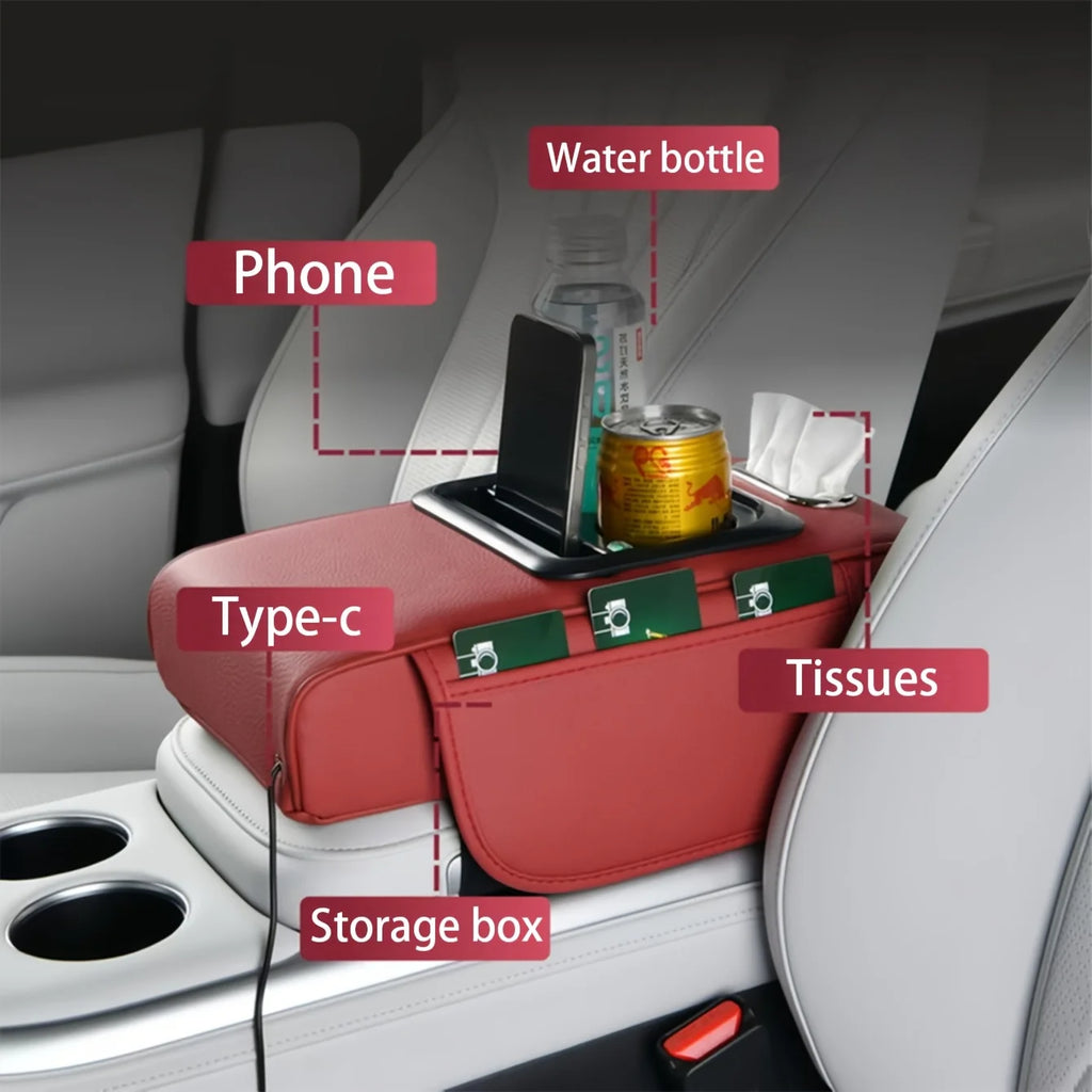 Dual Type-C Ports with Lighted Sockets, Universal Integrated Multifunctional Car Center Armrest Box, Includes Adapter and Tissue Holder