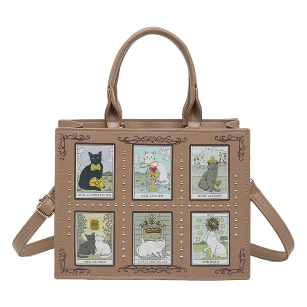 Cat Rivet Print Tote Bag For Women Crossbody Shoulder Handbag PU Leather Cat-themed Zippered Handbag Large Capacity Handle Purse