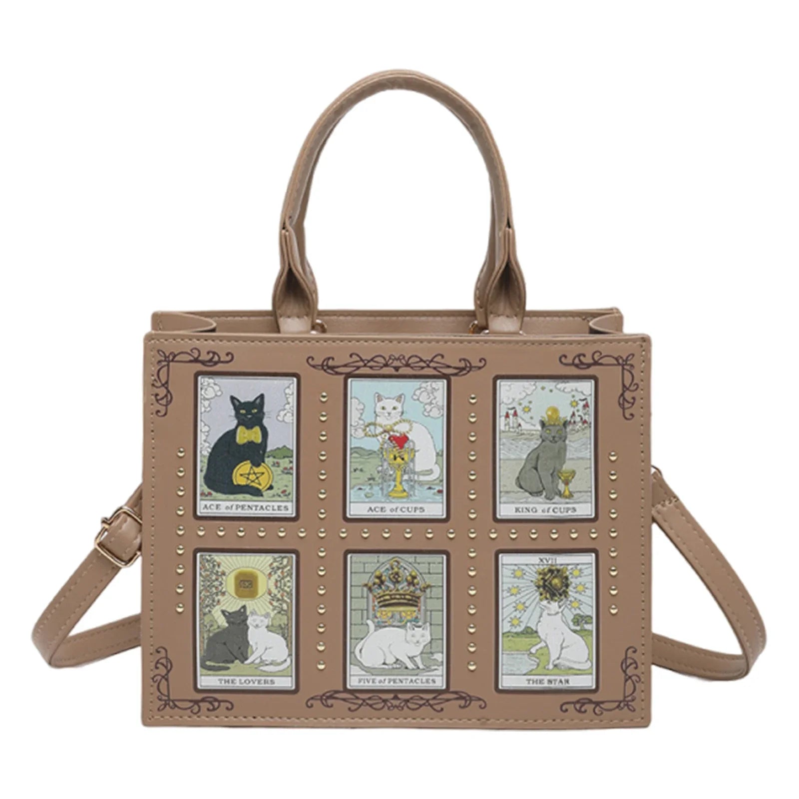 Cat Rivet Print Tote Bag For Women Crossbody Shoulder Handbag PU Leather Cat-themed Zippered Handbag Large Capacity Handle Purse