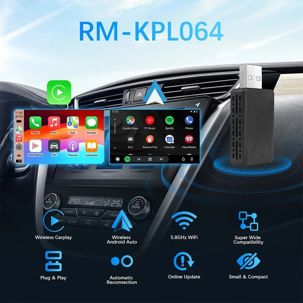2025 New Upgrade 2IN1 Carplay Android Auto Wireless Adapter for Toyota Mazda Camry Suzuki Subaru Citroen Audi Mercedes Kia Ford